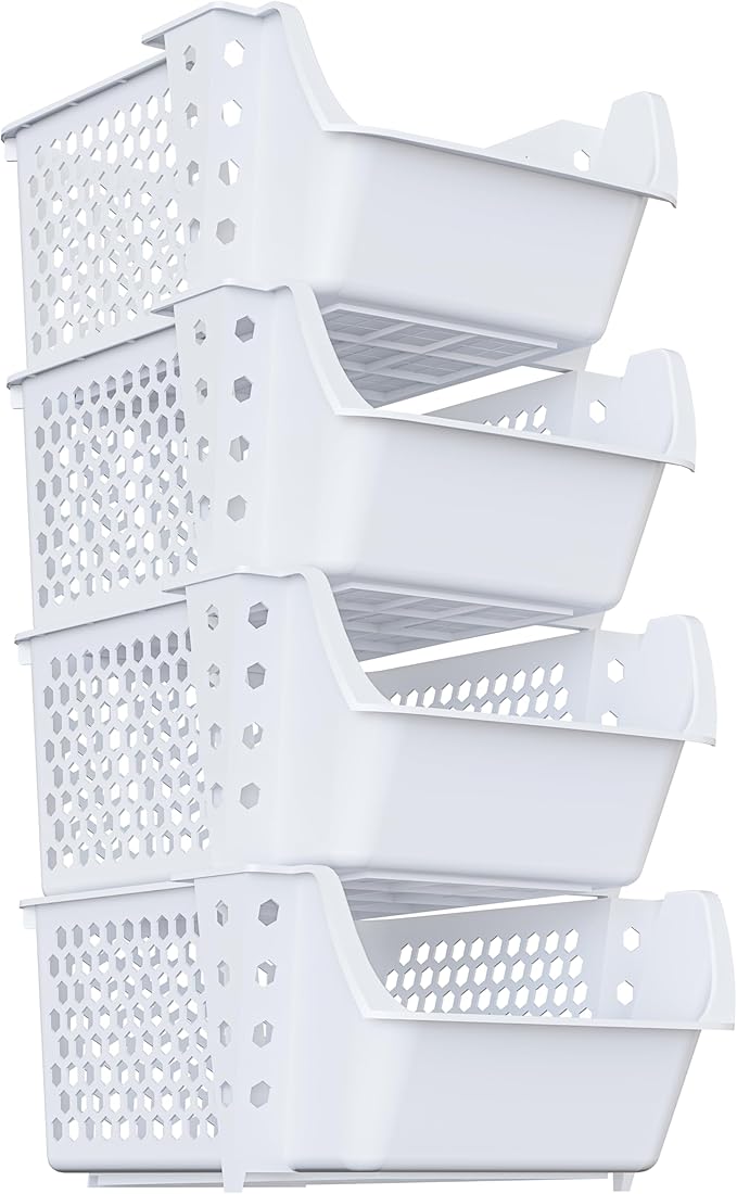 TidyFriend 4 Pack Stackable Storage Bins Open Front for Pantry Organizers and Storage, Plastic Storage Bins, Dorm Room Essentials, Pantry Storage for Food, Kitchen and Home Organization (White)