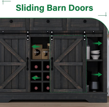 4 Ever Winner 72" Coffee Bar Cabinet with Sliding Barn Door & Wine Racks, Hutch Cabinet with Storage and 3 Drawers