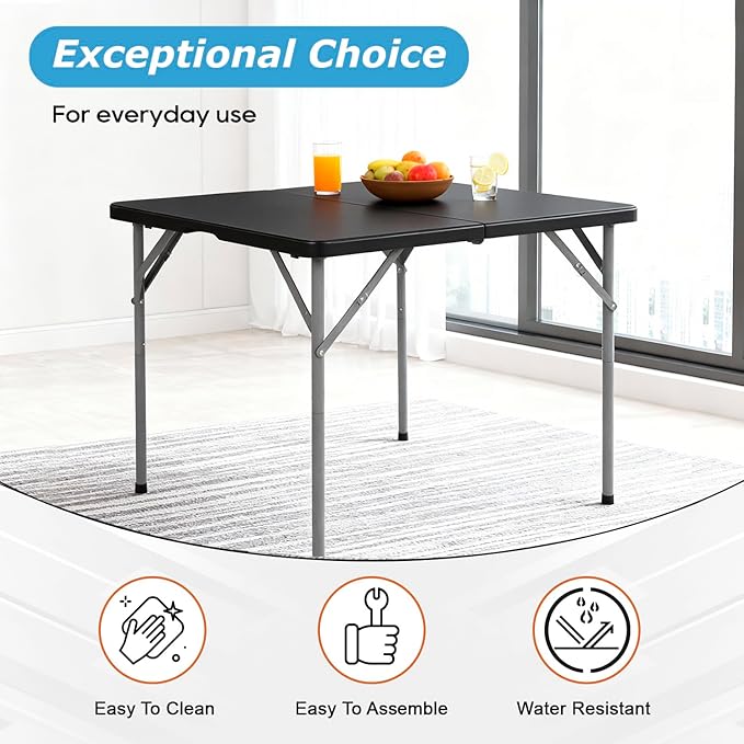 PayLessHere 34" Square Plastic Folding Card Table, Portable Outdoor Dining Table with Collapsible Legs and Carrying Handle,Plastic Tables for Camping,Picnic, Office, Party, Black
