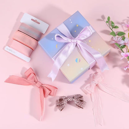 BEEFLYING 3 Styles Pink Wire Edged Ribbons for Gift Wrapping Decoration 25~28mm×2.7m Herringbone Ribbon Spot Ribbon for Wedding Party Decoration Hair Bows Flower Designs Sewing and Craft, 9 Yards