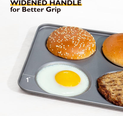 Hongbake Large Muffin Top Pan Set of 2, 4 Cup Nonstick Hamburger Bun Baking Pan, Jumbo Whoopie Pie Pan for Egg Sandwich, Cornbread, Layer Cake