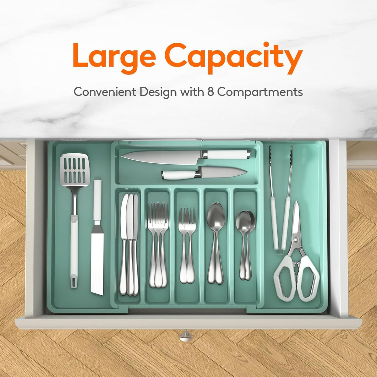 Lifewit Silverware Drawer Organizer, Expandable Utensil Tray for Kitchen, BPA Free Flatware and Cutlery Holder, Adjustable Plastic Storage for Spoons Forks Knives, Large, Turquoise