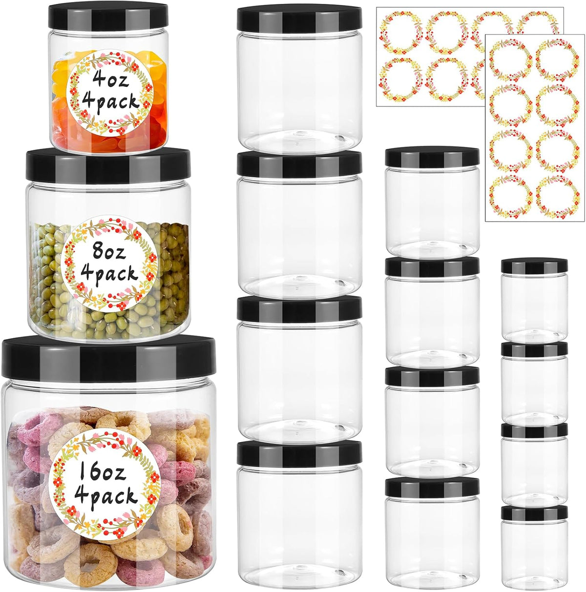 12pcs Plastic Jars with Lids 16 oz & 8 oz & 4 oz, Leakproof Storage Containers Clear Plastic Mason Jars for Peanut, Spice, Cookie