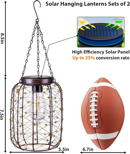 Hanging Solar Lanterns Outdoor Waterproof, Vintage Copper Hanging Lantern Lights for Outside, Solar Chandelier Outdoor Idea for Yard Garden Pathway Gazebo Pergola Porch Decor, 2 Pack