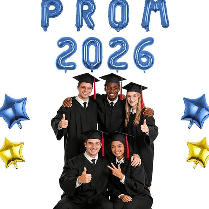 Prom 2026 Balloons Decorations, 16 Inch Foil Letter Number Balloons with 18 Inch Blue Gold Star Balloons for High School College Graduation Gift Retirement Ins Photo Party Supplies
