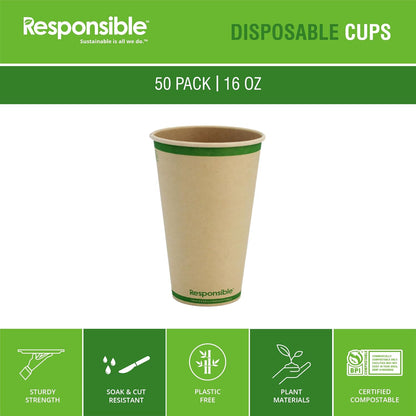 Certified Compostable 16 oz Paper Cups, Cold ＆ Hot Coffee Cups, Disposable Paper Cups, Extra Strength Disposable Cups, Made without Pfas (50 count)
