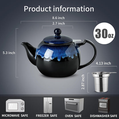 Koov Tea Pot with Infuser for Loose Tea, 34 ounce Ceramic Teapot with Infuser, Enough For 6 Cups, Tea Pots with Tea Strainers for Tea Party