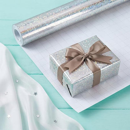 Bafeil Silver Holographic Star Wrapping Paper Roll with Ribbon, Metallic Shiny Gift Wrap, 17 in x 32.8 ft, Sparkly Silver Wrapping Paper for Birthday, Wedding, Graduation, Baby Shower & Holiday Gifts