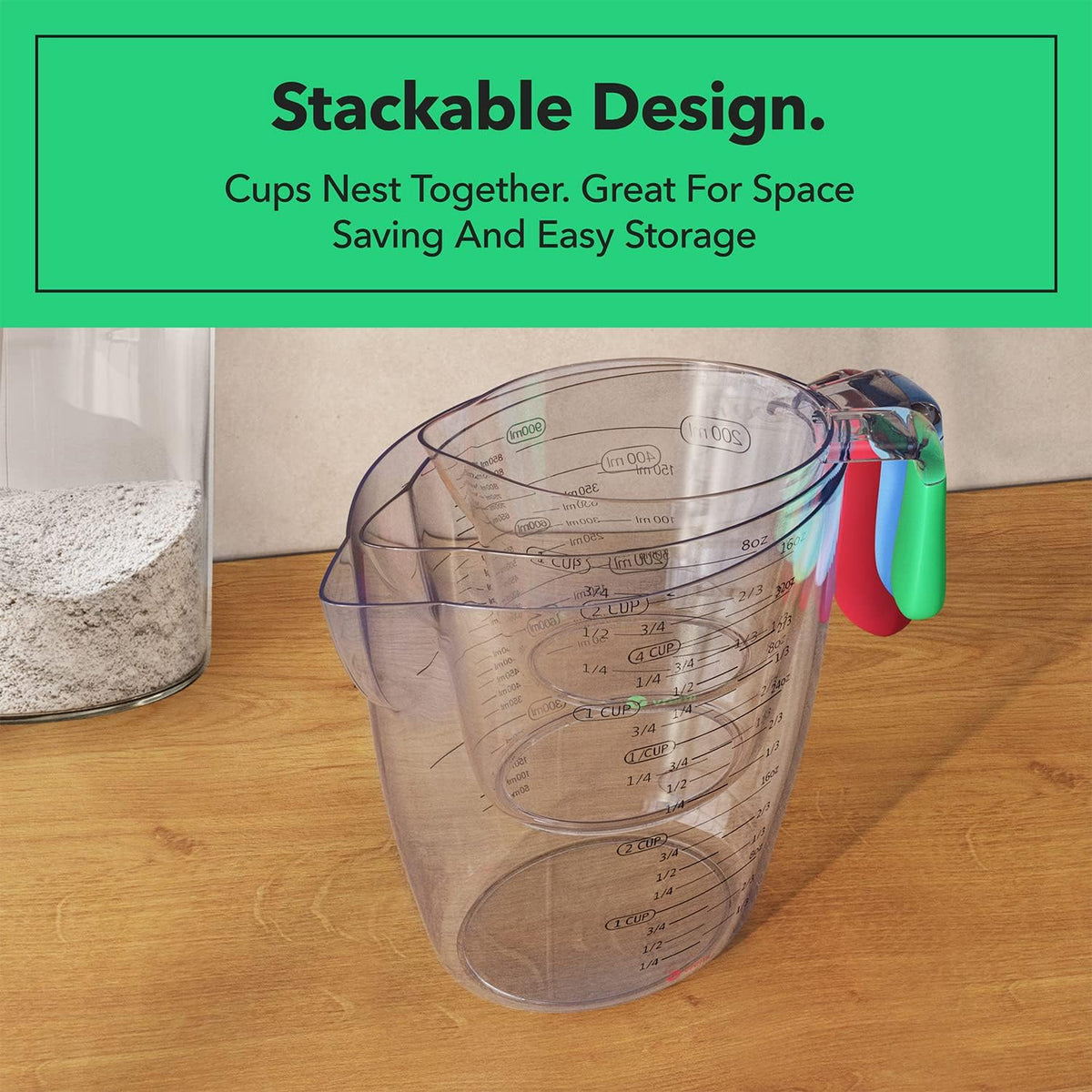 Vremi 3 Piece Plastic Measuring Cups Set - BPA Free Liquid Nesting Stackable Measuring Cups with Spout and Decorative Red Blue and Green Handles