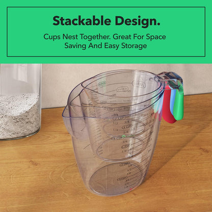 Vremi 3 Piece Plastic Measuring Cups Set - BPA Free Liquid Nesting Stackable Measuring Cups with Spout and Decorative Red Blue and Green Handles