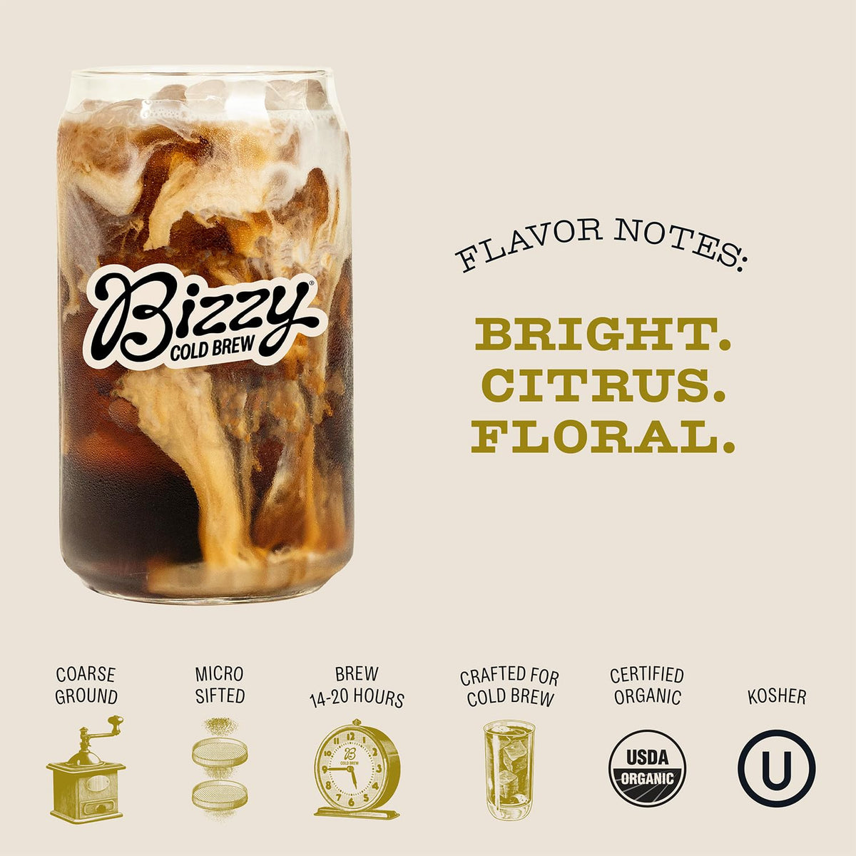 Bizzy Organic Cold Brew Coffee, Light & Bright Blend, Coarse Ground Coffee, Light Roast, Micro Sifted, Specialty Grade, 100% Arabica, 1 LB