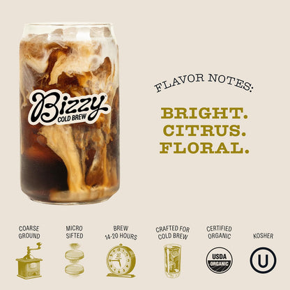 Bizzy Organic Cold Brew Coffee, Light & Bright Blend, Coarse Ground Coffee, Light Roast, Micro Sifted, Specialty Grade, 100% Arabica, 1 LB