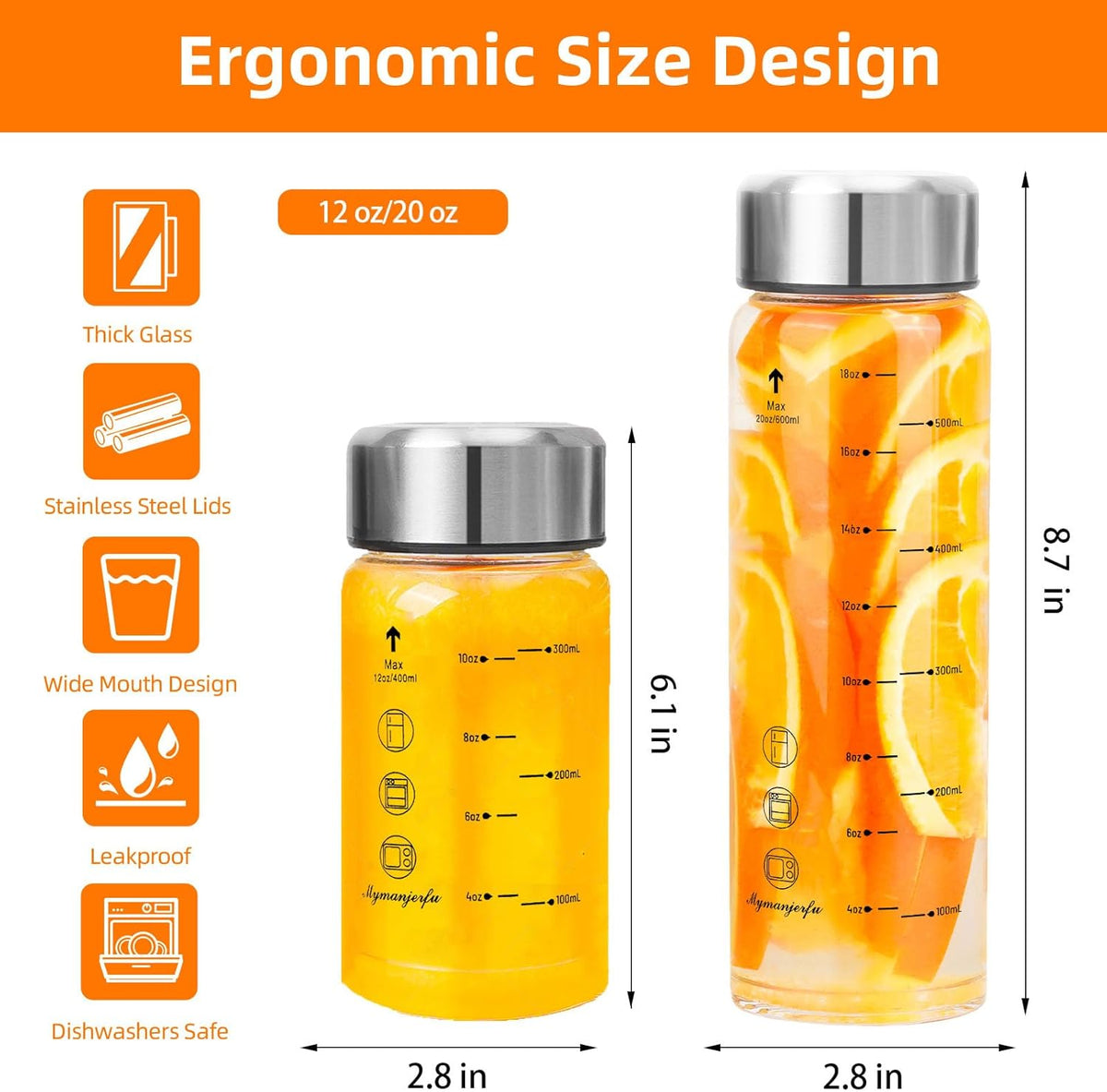 Glass Juice Bottles 4 Pack 20 oz - Wide Mouth Glass Water Bottles with Lids - for Juicing, Smoothies, Milk, Protein, BPA Free, Reusable, Stainless Steel Lids, Leak Proof, Shaker bottle [20oz/600ml]