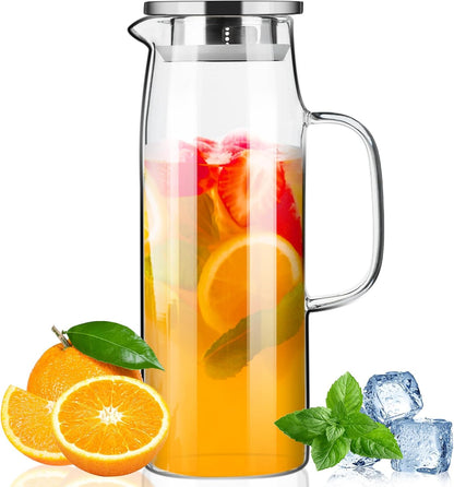 Paracity Glass Pitcher with Lid and Spout 50oz/ 1.5L, Hot/Cold Water Pitcher, Iced Tea Pitcher for the Shelf of Fridge, Easy to Clean