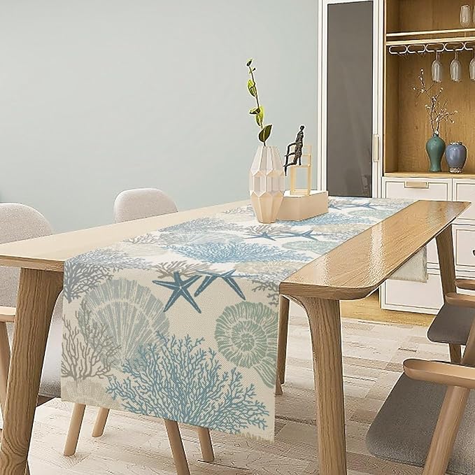 Blue Teal Coral Table Runners, Summer Beach Starfish Coastal Coffee Table Runners for Wedding Party Banquet Dining Holiday 13x90in