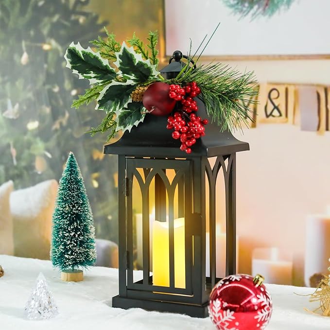 Christmas Decorative for Home, 15.7" Outdoor Large Lanterns Waterproof Christmas Decor Lanterns Decorative Hanging Lantern for Fireplace Table Centerpieces, Porch, Patio Black