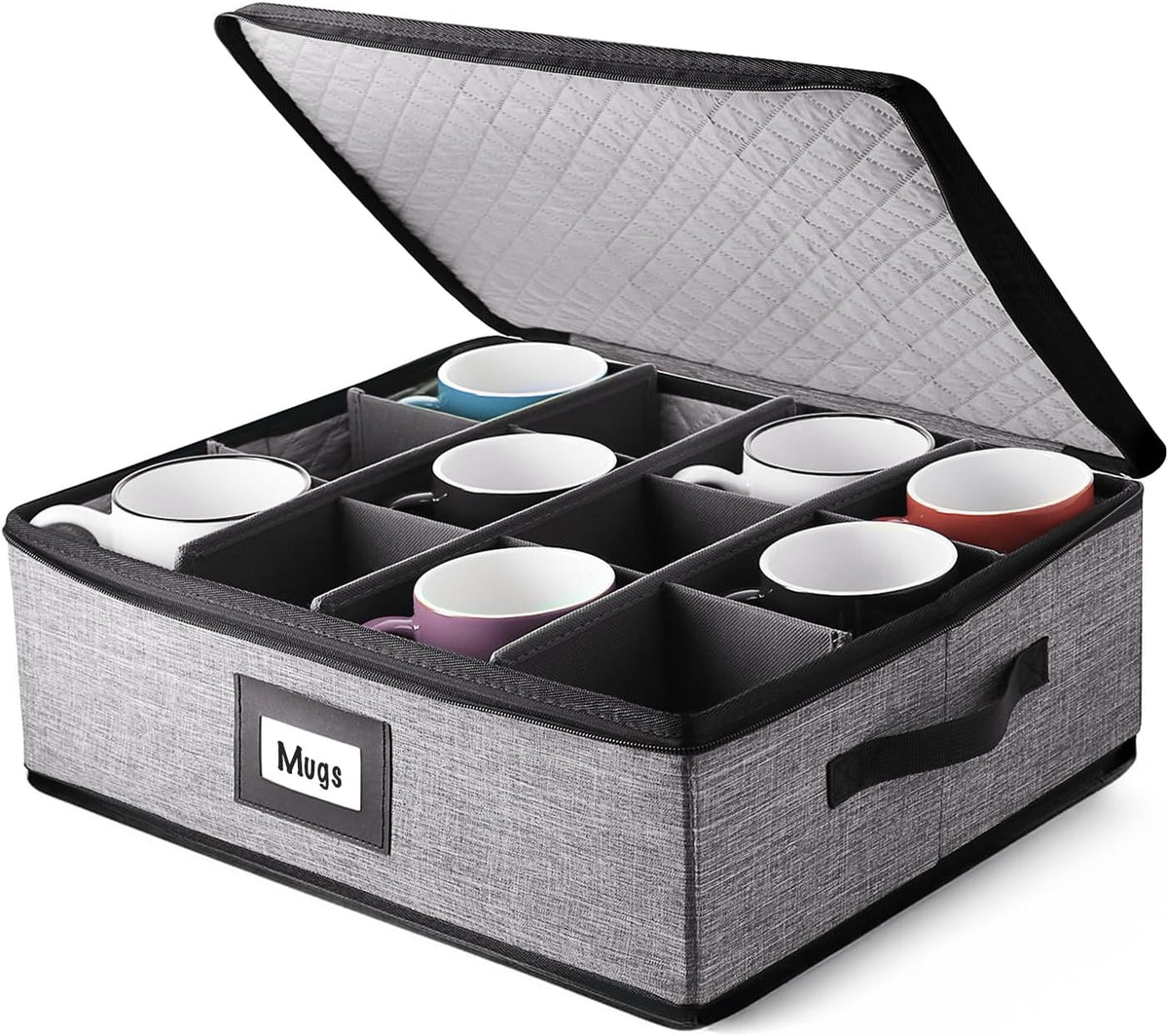 Hearth & Harbor Coffee Mug Storage, Quilted and Stackable Coffee Cup Storage Organizer for Service of 12, Mug Storage Box with Dividers, China Containers Hard Shell for Moving and Organization, Grey