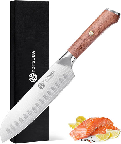 Yotsuba Santoku Knife, 7 Inch Kitchen Knife, Sharp Japanese Knife with Wooden Handle, Forged High Carbon German Stainless Steel