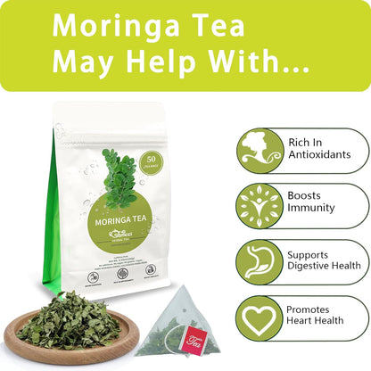 Samcci - Moringa Tea - 50 Tea Bags - Pure Moringa Leaves, Herbal Tea for Supporting Digestion & Immune System - Non-GMO - Vegan - Caffeine-Free