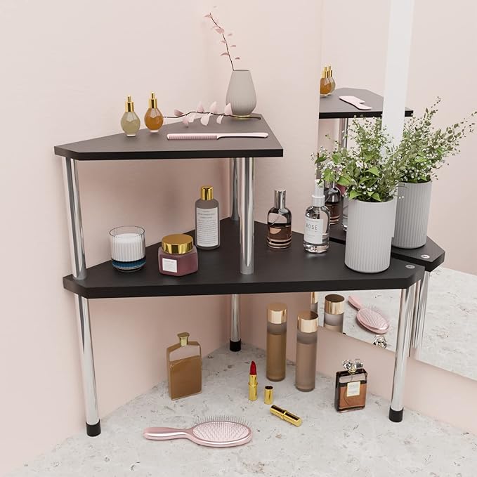 Weenson Bathroom Counter Organizer Over Sink for Toiletries, Makeup, Kitchen Countertop Organizer Spice Rack for Salt, 2-Tier Corner Counter Shelf for Coffee Area Storage Dresser Table(Black)