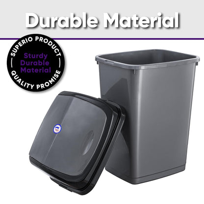 Superio Kitchen Trash Can 13 Gallon with Swing Lid, Plastic Tall Garbage Can Outdoor and Indoor, Large 62 Qt Recycle Bin and Waste Basket for Home, Office, Garage, Patio, Restaraunt (Grey/Black)