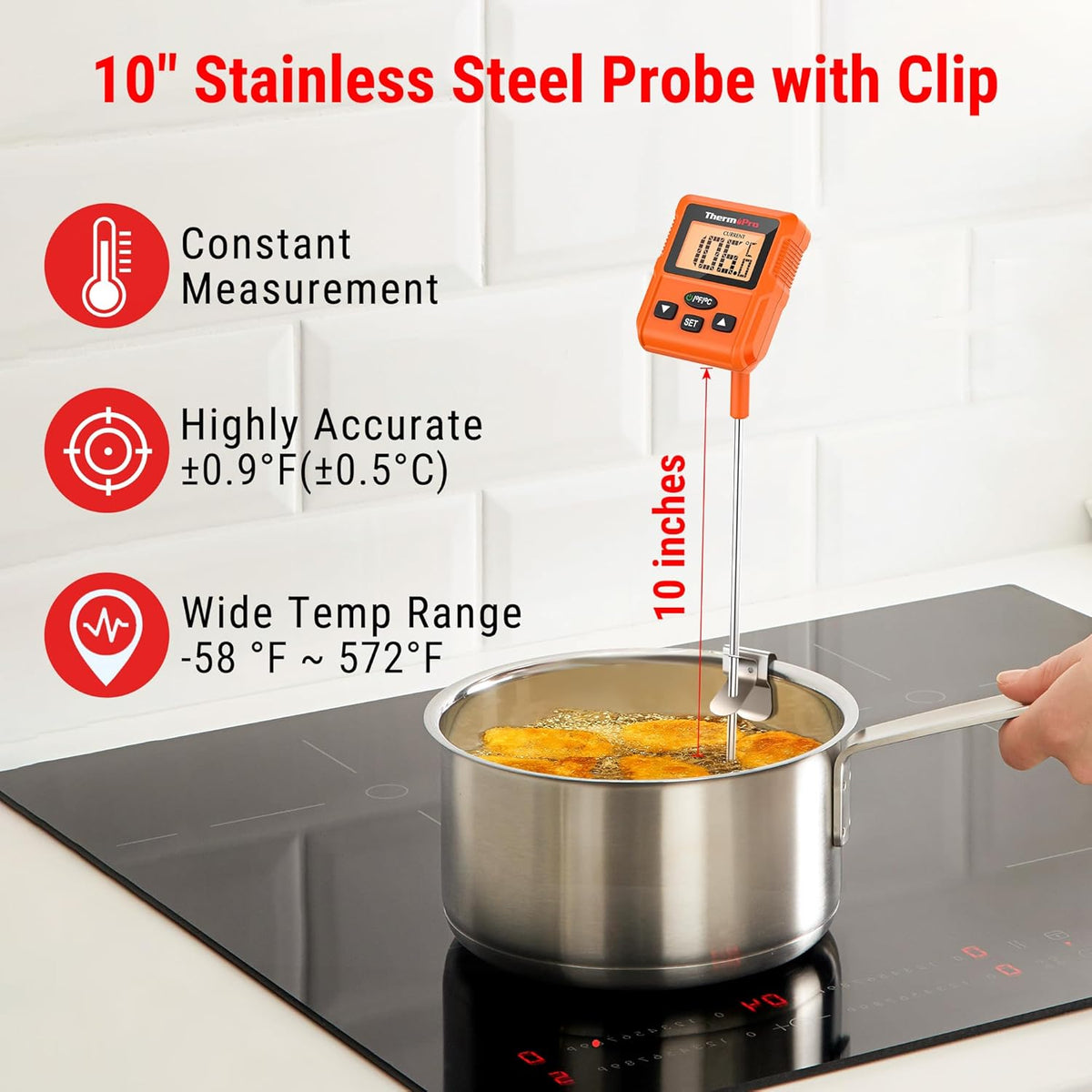 ThermoPro TP511 Digital Candy Thermometer with Pot Clip, Programmable Instant Read Food Meat Thermometer with 10'' Long Probe for Smoker Baking