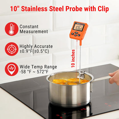 ThermoPro TP511 Digital Candy Thermometer with Pot Clip, Programmable Instant Read Food Meat Thermometer with 10'' Long Probe for Smoker Baking