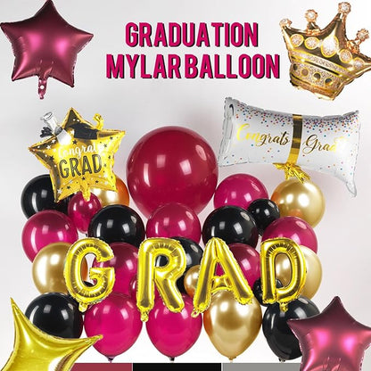 Elegant Burgundy Black Gold Graduation Balloon Garland Kit with foil graduation caps diplomas GRAD letters wine red stars and crowns Balloons for Maroon Class of 2026 Graduates Party Decorations