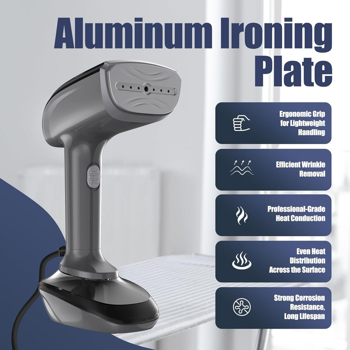 Powerful Handheld Fabric Steamer - 1800W with Fast Ceramic Heat-Up Plate, 2-in-1 Ironing & Wrinkle Remover, Steam Nozzle, Lint Brush - Gray, for US 120V Only