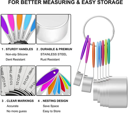 Measuring Cups and Measuring Spoons Set, Wildone Stainless Steel 8 Measuring Cups, 10 Measuring Spoons, 1 Leveler 1 Whisk & 5 Mini Spoons, for Dry and Liquid Ingredient - 25 Piece Multicolor