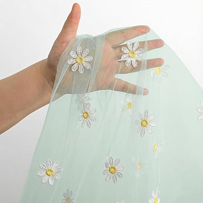Horaldaily Green Embroidery Daisy Spring Summer Gauze Tablecloth 60×120 Inch Rectangular, Seasonal Tulle Table Cover, Garden Party Decorations for Wedding, Party, Holiday Dining