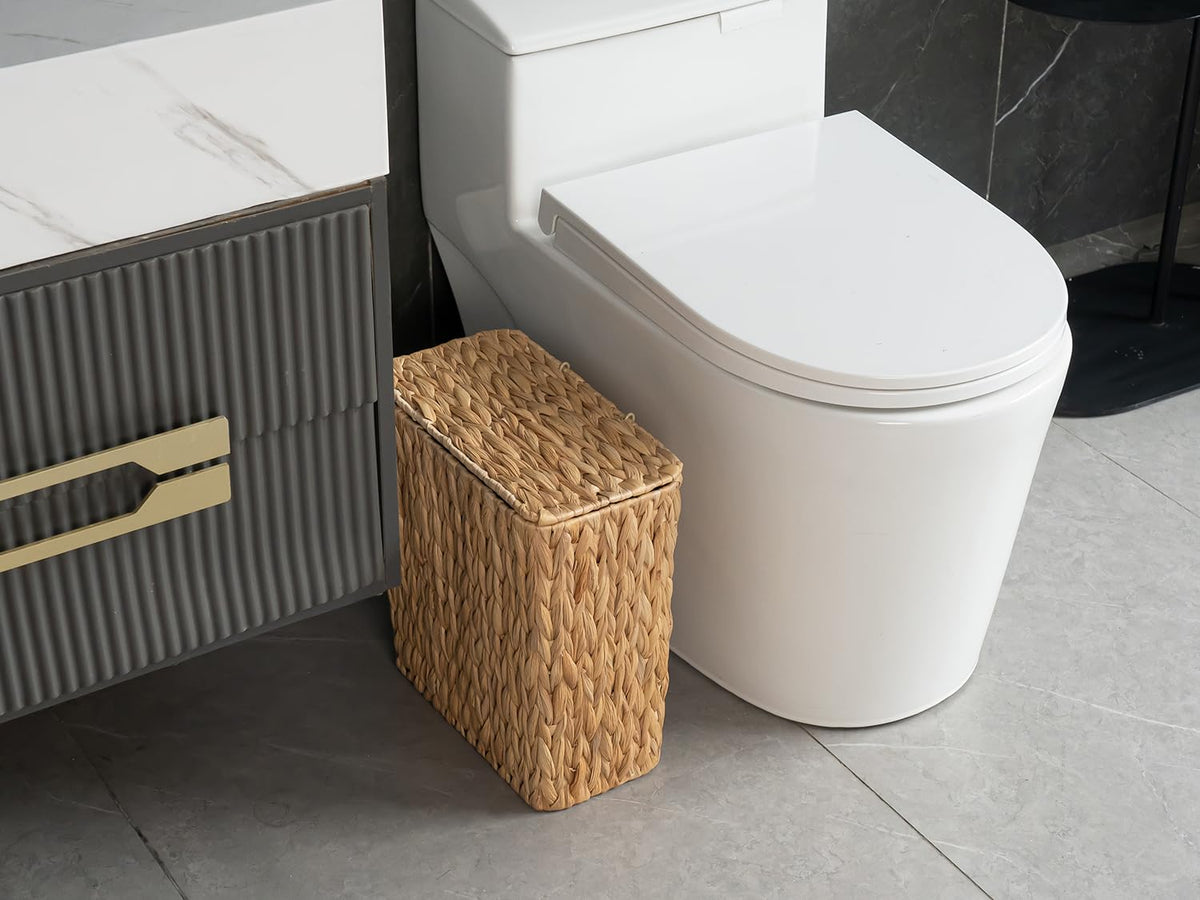 3 Gallon Wicker Trash Can,Small Bathroom Trash Can with Lid,Natural Water Hyacinth Wicker Waste Basket for Bedroom,Toilet,Narrow Garbage Can with Removable Liner