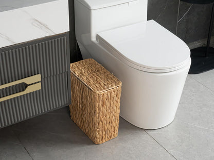 3 Gallon Wicker Trash Can,Small Bathroom Trash Can with Lid,Natural Water Hyacinth Wicker Waste Basket for Bedroom,Toilet,Narrow Garbage Can with Removable Liner
