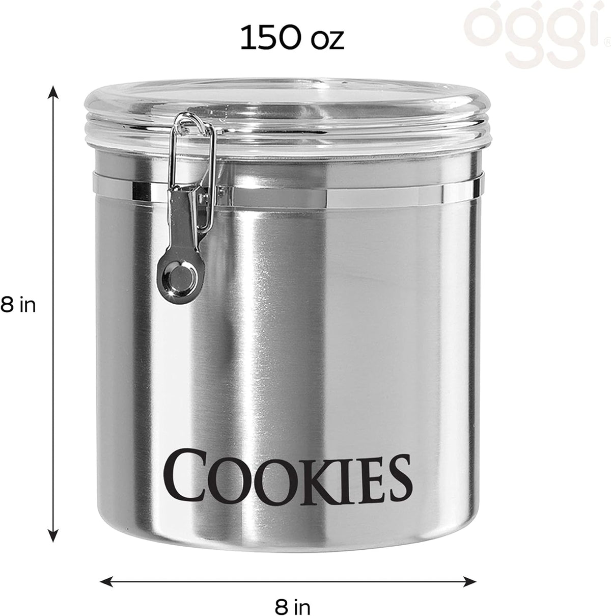 Oggi Jumbo 8" Stainless Steel Cookies Clamp Canister - Airtight Food Storage Container Ideal for Kitchen & Pantry Storage of Cookies or other Bulk