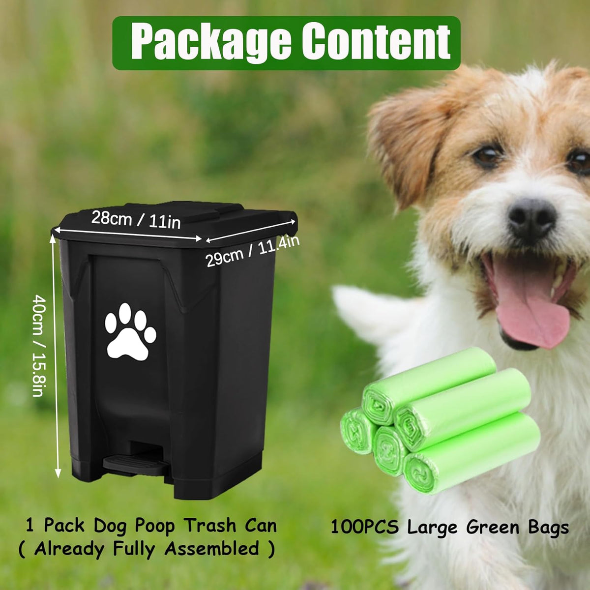 Outdoor Dog Poop Trash Can, Dog Waste Trash Can for Backyard Garden Home with Lid, Removable Inner Bin, Green Waste Bag, Black Fully Assembled