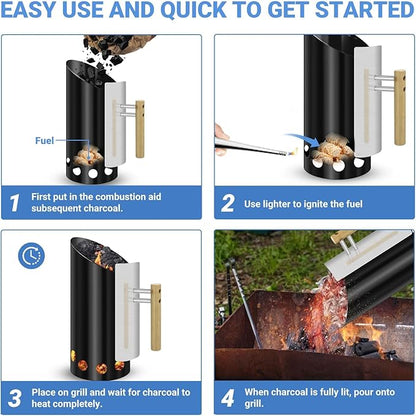 Charcoal Chimney Starter Double Enameled Chimney Starter Charcoal Chimney with Heat Shield & Wood Handle Great Heat Insulation Coal Starter for Grill Easy Grip Charcoal Starter, Black