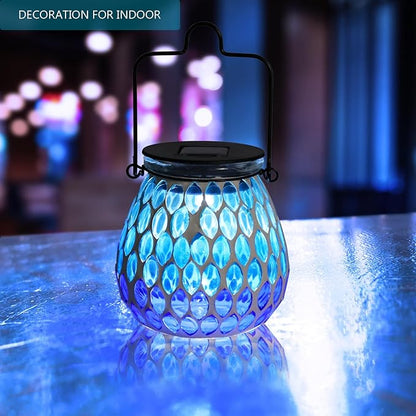 Bshine Mosaic Solar Lantern Outdoor Hanging Waterproof, Blue Mosaic Light Indoor Decorative Table, Garden Decor for Yard Outside, Path, Courtyard, Lawn, Birthday Gift for Mom Women Gardening, Antique