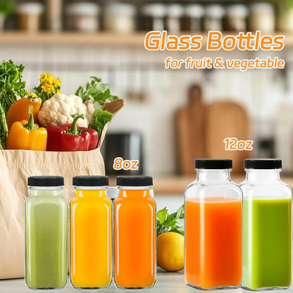 12 Pack 12oz Glass Drink Bottles with Lids, 360ml Vintage Glass Water Bottles with Caps, Reusable Juice Containers Drinking Jars for Juicing, Milk