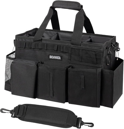 Wearable Cleaning Caddy Bag, Supplies Organizer with Handle & Shoulder Straps for Housekeepers, Under Sink & Car Cleaning Tool Organizer with 4 Foldable Dividers (Black)