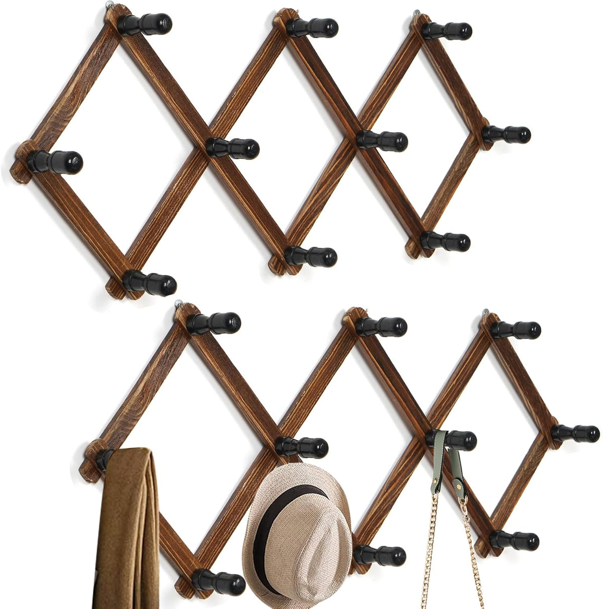 Wgfkvas 2 Pack Accordion Hat Rack for Wall - Expandable Coat Rack & Wall Mounted Hat Holder - Wooden Wall Hanger with 10 Peg Hooks for Coats