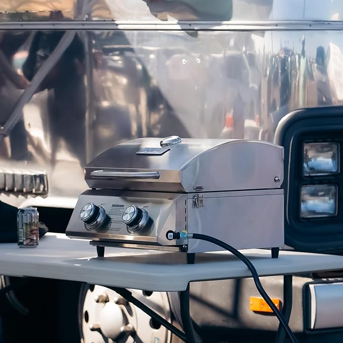 Monument Grills Tabletop Propane Gas Grill for Outdoor Portable Camping Cooking with Travel Locks, Stainless Steel High Lid, and Built in Thermometer