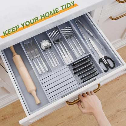 Bamboo Kitchen Silverware Drawer Organizer - Expandable Wood Utensil Holder with Dividers, Luxury Cutlery Storage Tray for Kitchen Utensil and Flatware (5-7 Slots with Removable Knife Block, Grey)