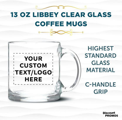 DISCOUNT PROMOS Custom Clear Glass Coffee Mugs 13 oz. Set of 10/50/100, Personalized Bulk Pack - Perfect for Coffee, Tea, Espresso, Hot Cocoa, Other Beverages - Clear Bottom