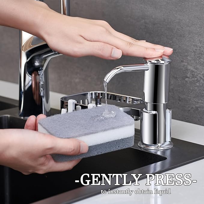 Sink Soap Dispenser with Sponge Holder, Built in Soap Dispensers for Kitchen Sink, Countertop Kitchen Sink Soap Dispenser with 39" Extension Tube Kit ABS Plastic, No More Refills, Chrome