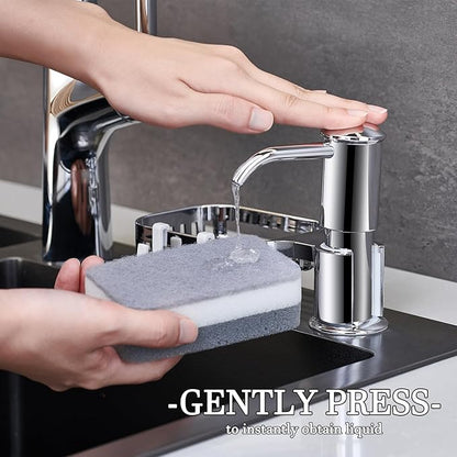 Sink Soap Dispenser with Sponge Holder, Built in Soap Dispensers for Kitchen Sink, Countertop Kitchen Sink Soap Dispenser with 39" Extension Tube Kit ABS Plastic, No More Refills, Chrome