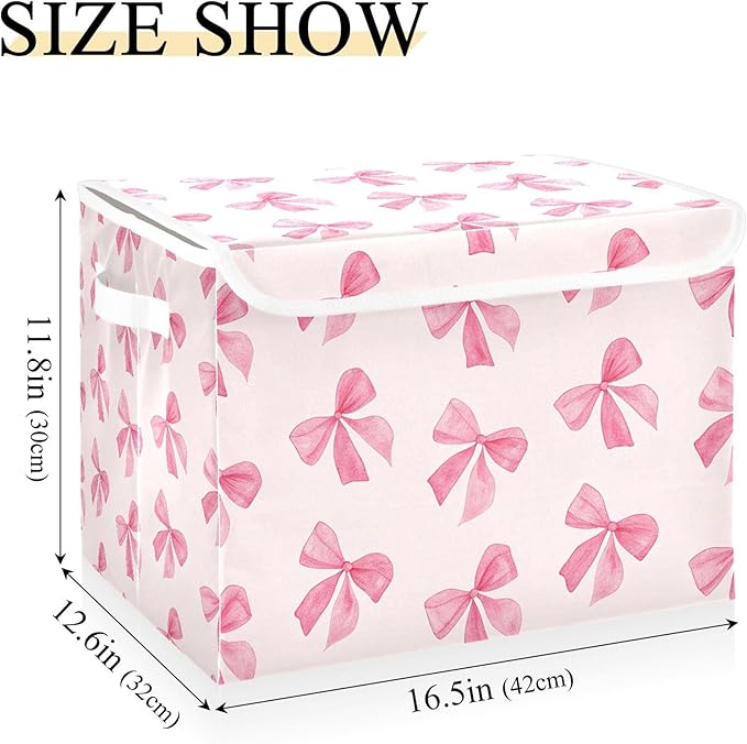 Pink Bow Storage Bins with Lids and Carrying Handle,Foldable Storage Boxes Organizer Containers Baskets Cube with Cover for Home Bedroom Closet Office