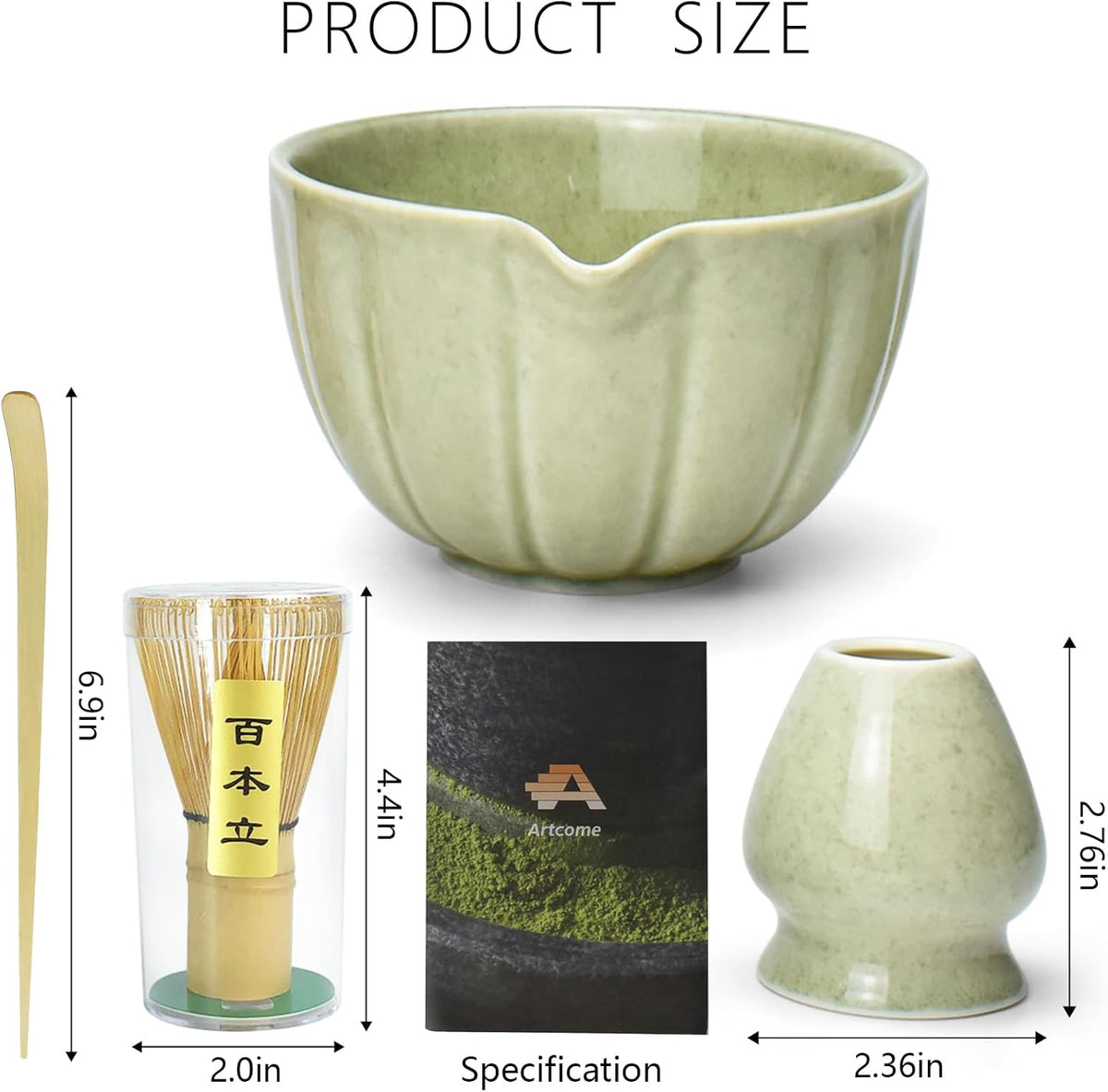 Artcome 4 Pcs Japanese Matcha Tea Set - Matcha Bowl with Pouring Spout, Matcha Whisk, Tea Scoop, Whisk Holder, Handmade Matcha Ceremony Kit For Japanese Tea Ceremony, Mottled Green