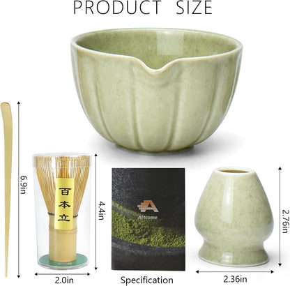 Artcome 4 Pcs Japanese Matcha Tea Set - Matcha Bowl with Pouring Spout, Matcha Whisk, Tea Scoop, Whisk Holder, Handmade Matcha Ceremony Kit For Japanese Tea Ceremony, Mottled Green