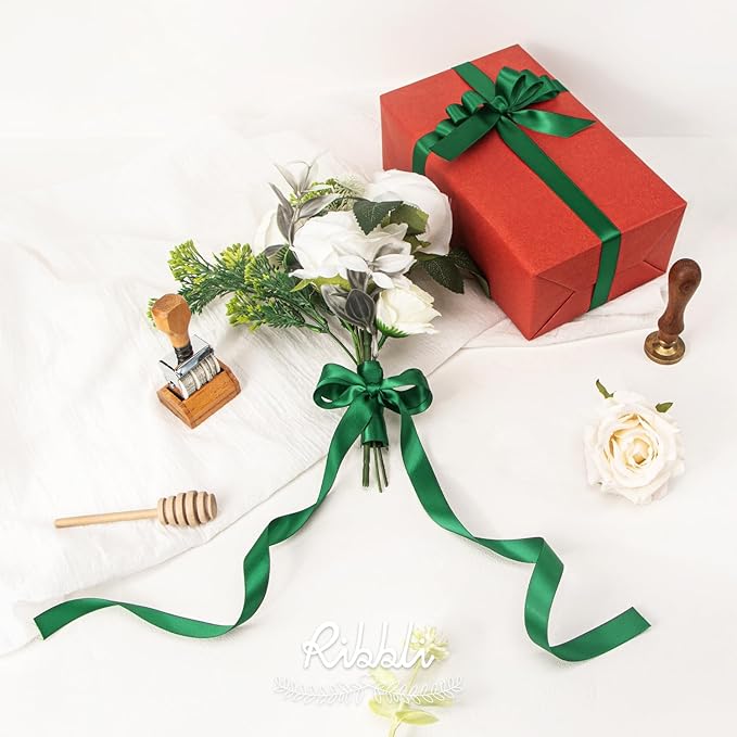 Ribbli Forest Green Satin Ribbon 5/8 inch x Continuous 25 Yards,Double Faced Satin Use for Craft, Gift Wrapping, Christmas Ornaments, Hair Bows, Bouquet Bows