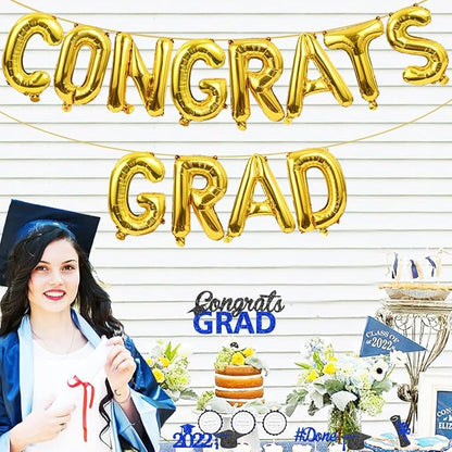 Congrats Grad Balloons Banner Gold 16 Inch Foil Letter Graduation Balloons Congratulations Banner for Class Of 2025 Graduation Party Decorations